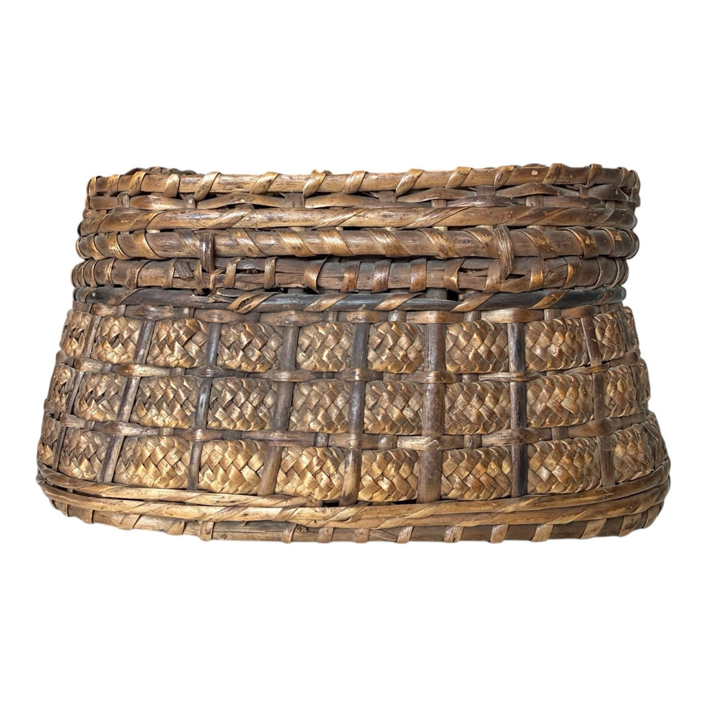Antique Victorian Primitive Woven Basket Hinged Sewing Box - Lithograph Interior