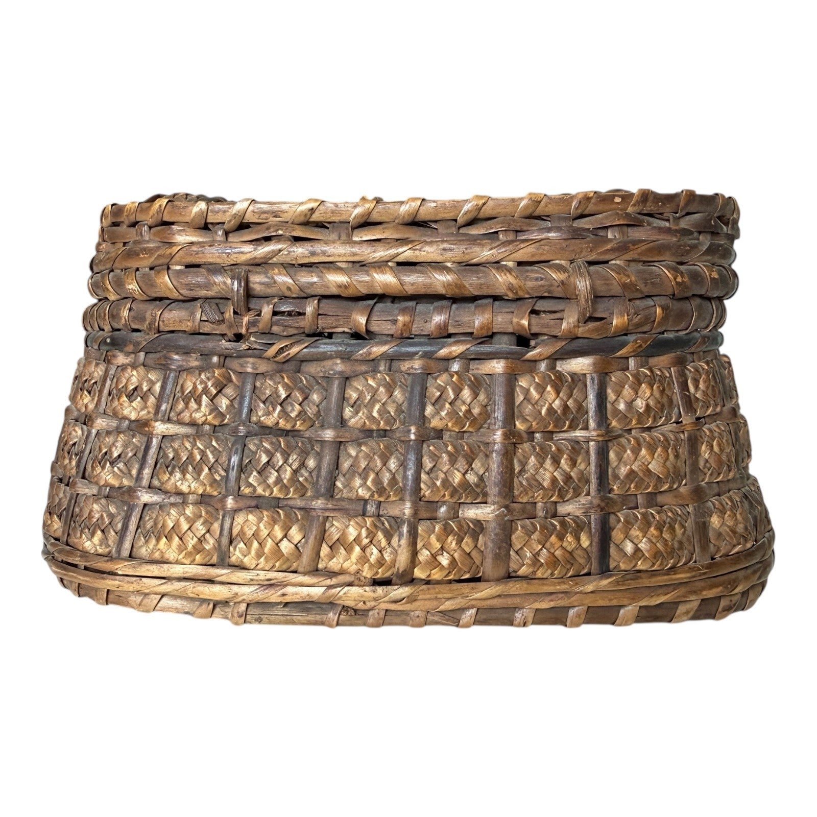 Antique Victorian Primitive Woven Basket Hinged Sewing Box - Lithograph Interior
