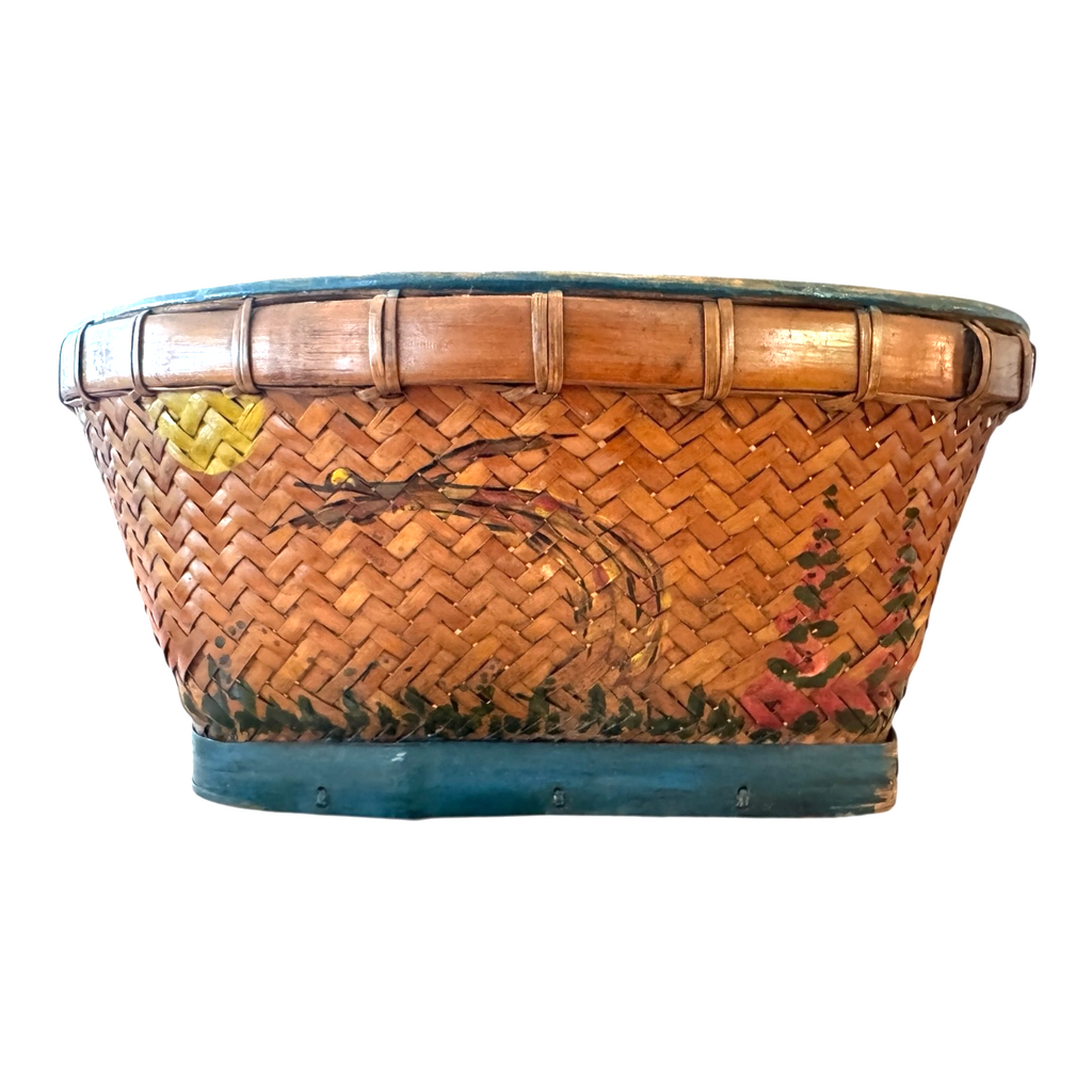 Antique Americana Folk Art Hand Painted Splint Oak Decorative Basket Bowl