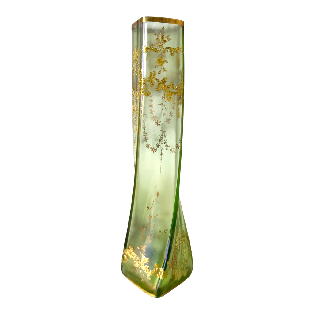 Antique Czech Bohemian Twisted Opalescent Glass Vase - Gold Gilt & Enameled