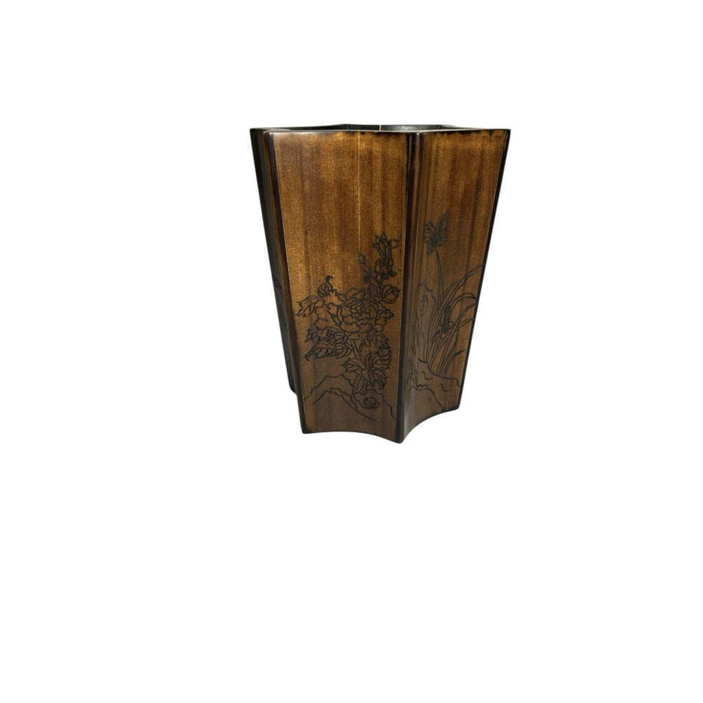 Vintage Chinese  Six Sided Carved Rosewood Brush Pot