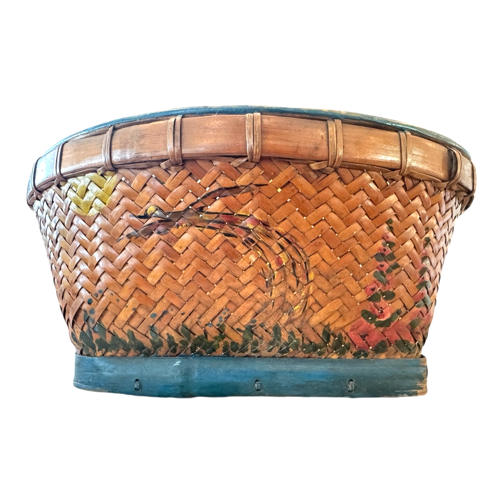Antique Americana Folk Art Hand Painted Splint Oak Decorative Basket Bowl