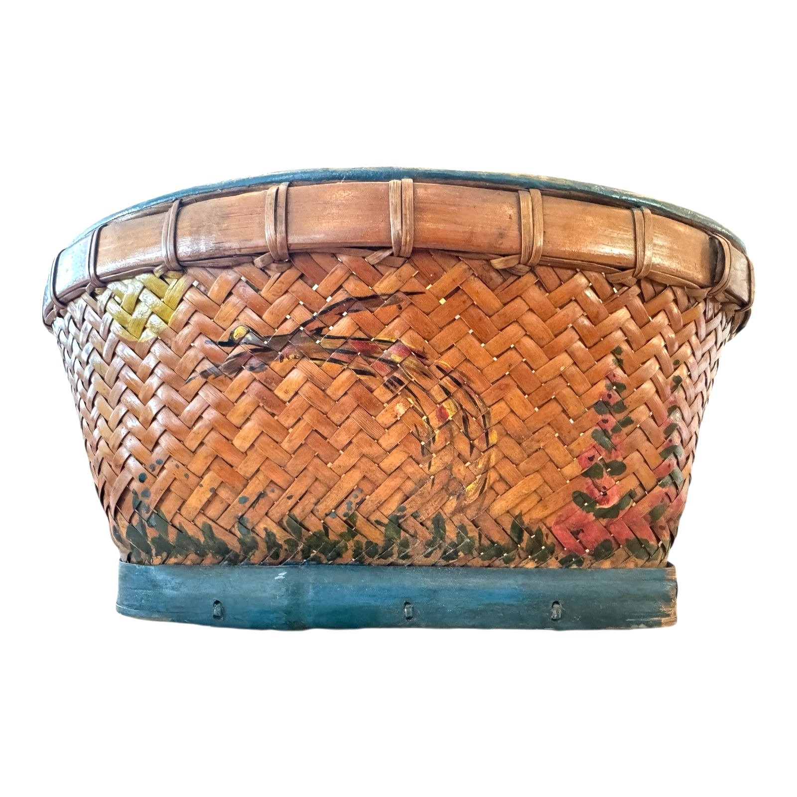 Antique Americana Folk Art Hand Painted Splint Oak Decorative Basket Bowl