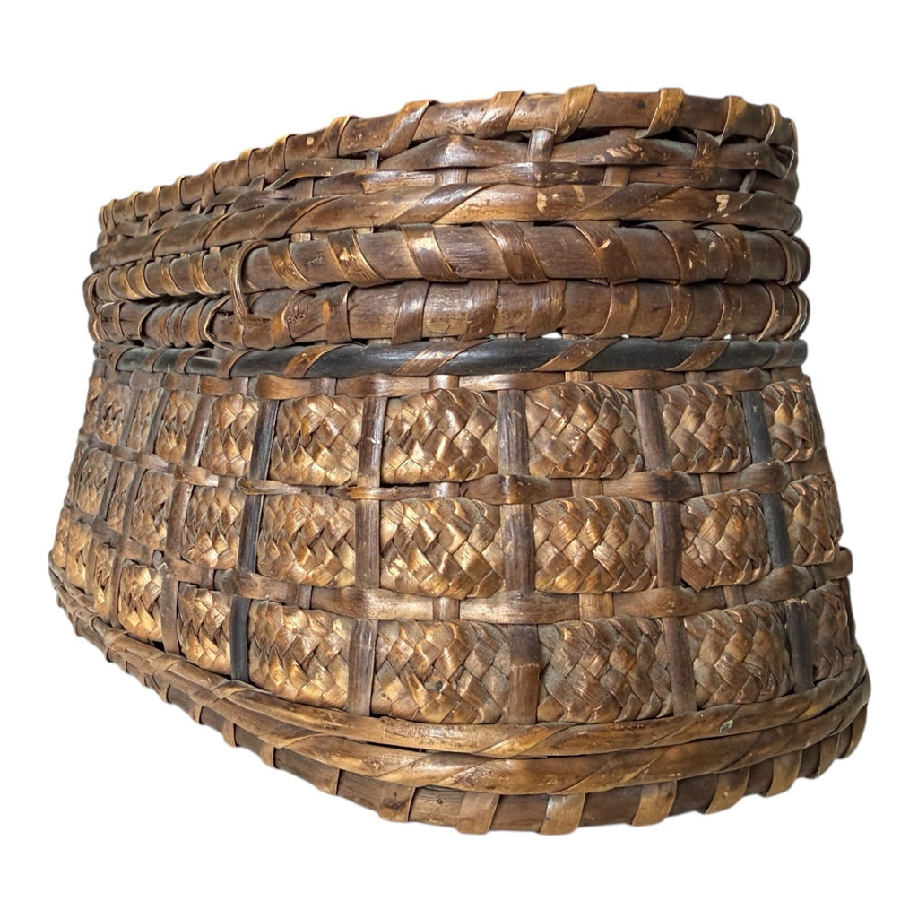 Antique Victorian Primitive Woven Basket Hinged Sewing Box - Lithograph Interior
