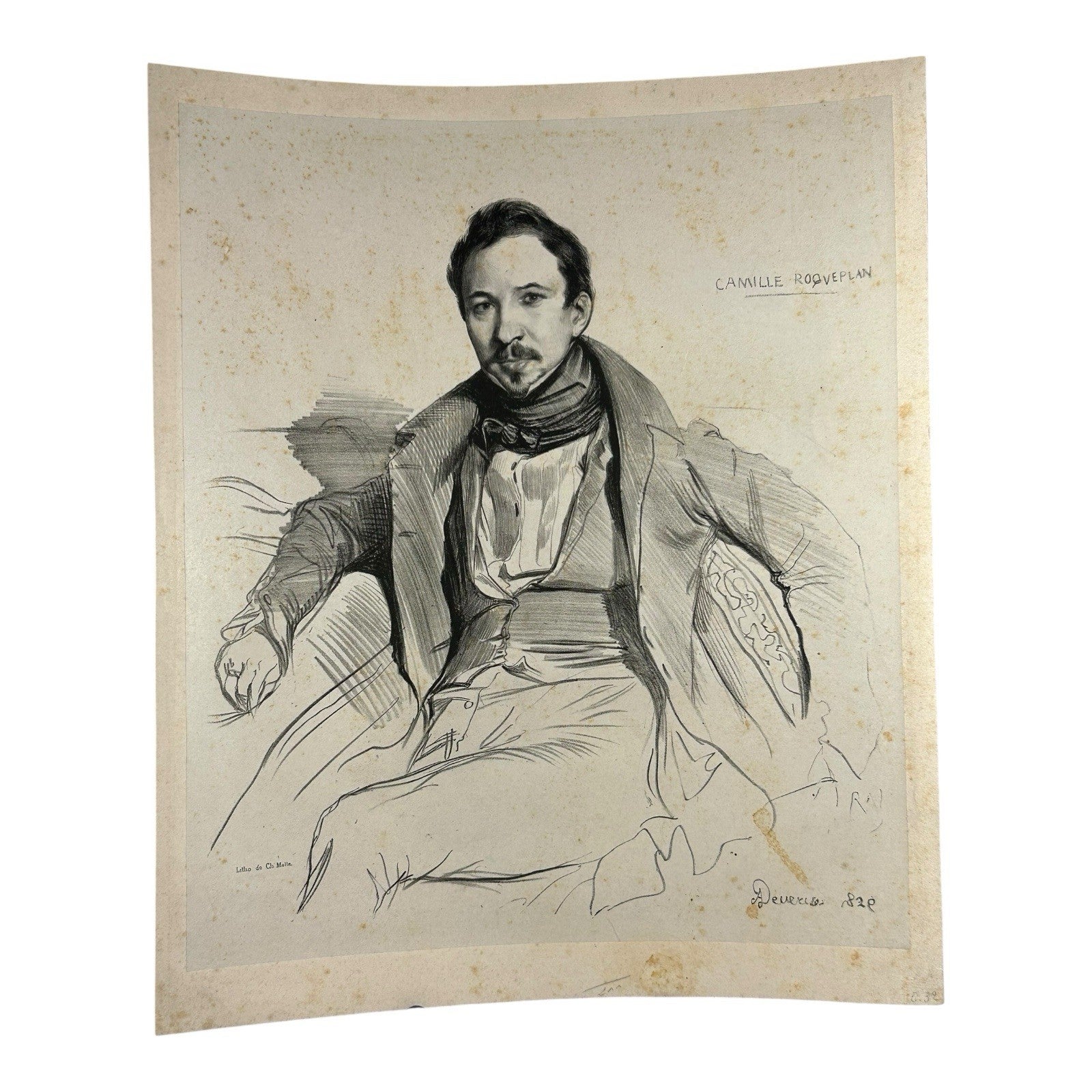 Antique 1829 Lithograph Portrait of Camille Roqueplan by Achille Deveria