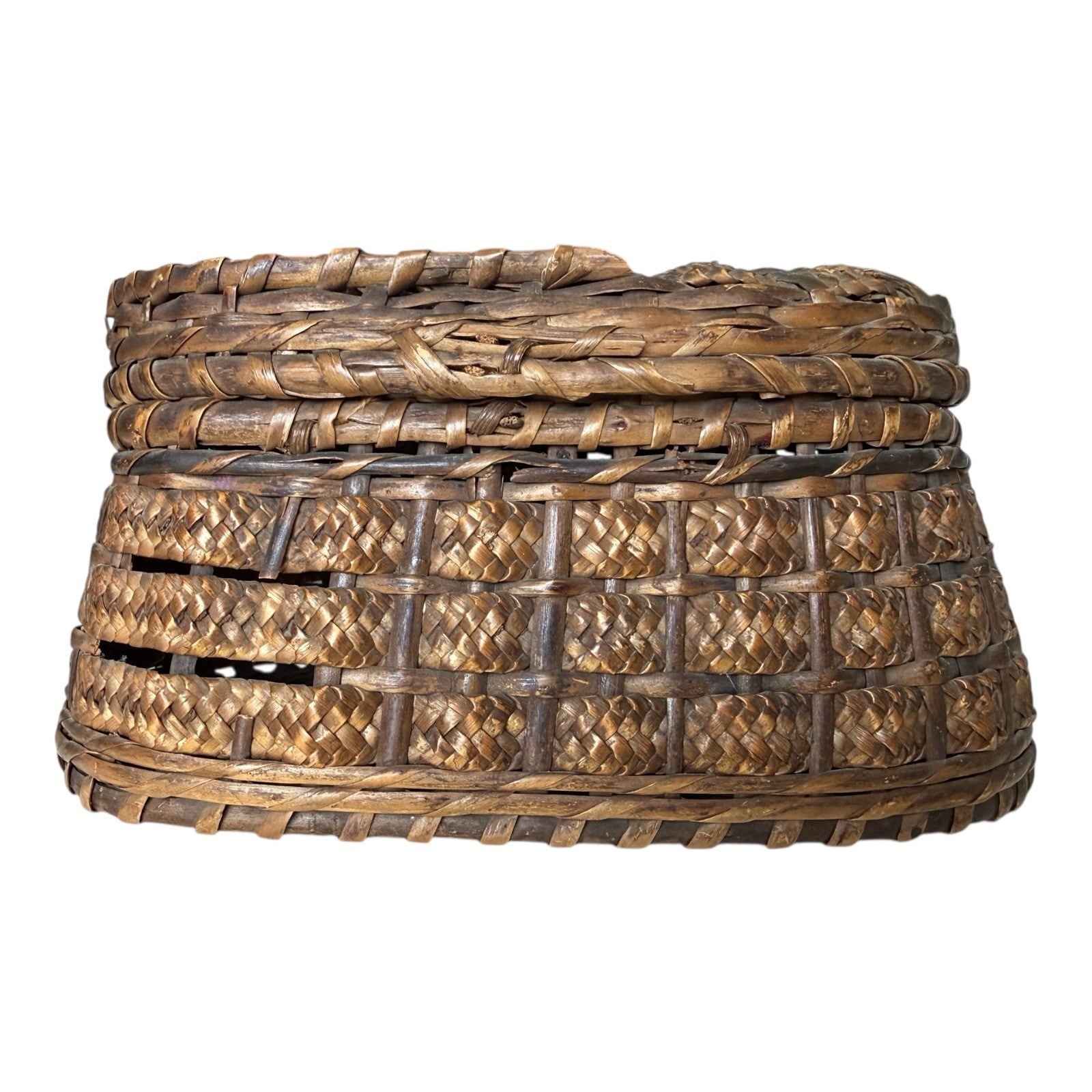 Antique Victorian Primitive Woven Basket Hinged Sewing Box - Lithograph Interior