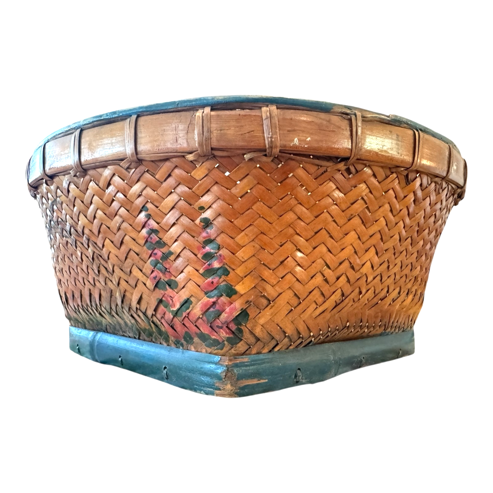 Antique Americana Folk Art Hand Painted Splint Oak Decorative Basket Bowl