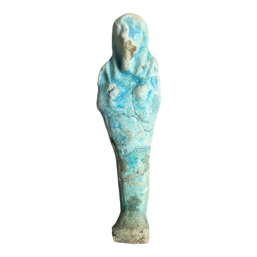 Ancient Egyptian Hand-Carved Faience Glazed Stone Ushabti Figure
