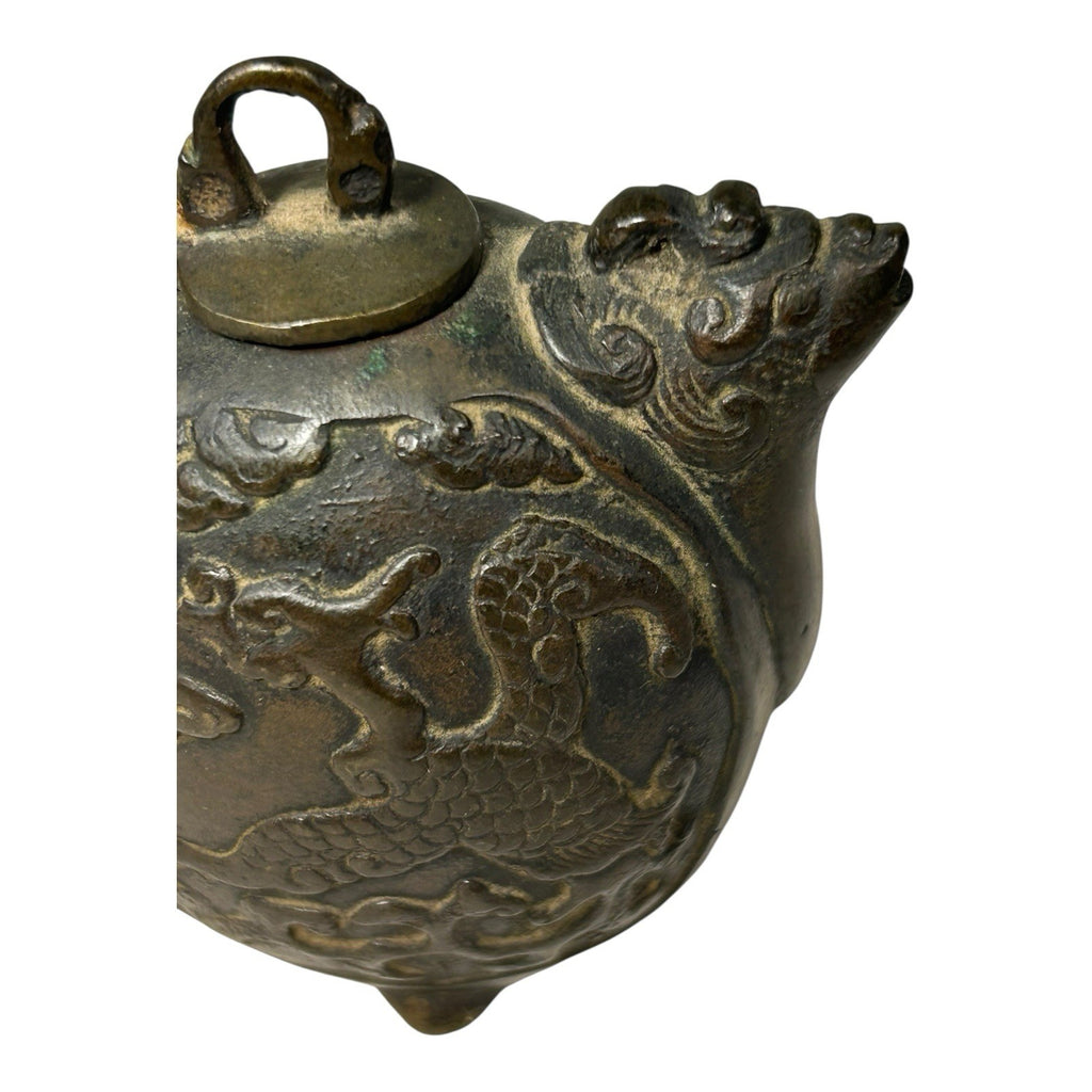Antique Japanese Bronze Suiteki Caligraphy Water Dropper with Dragon Motif