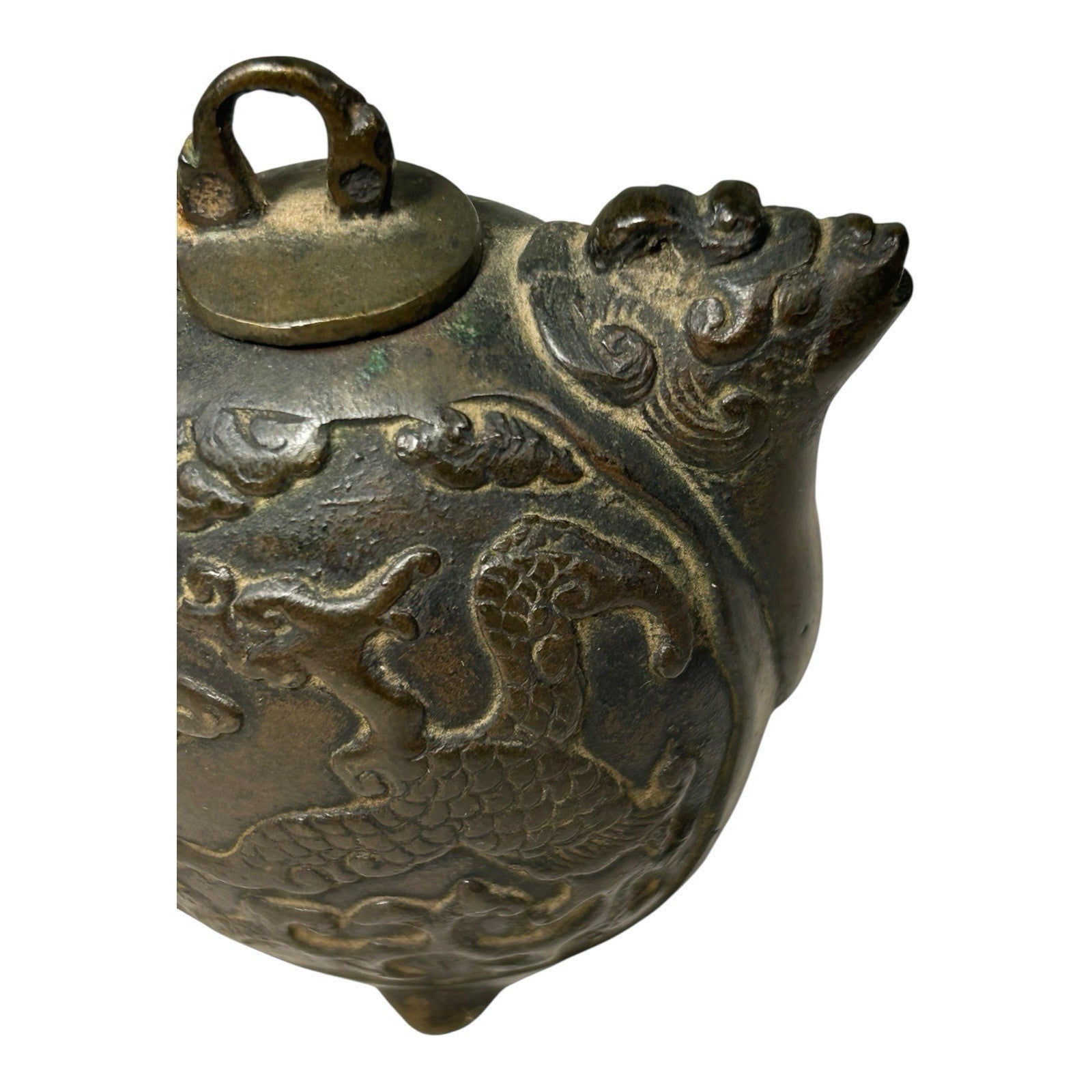 Antique Japanese Bronze Suiteki Caligraphy Water Dropper with Dragon Motif