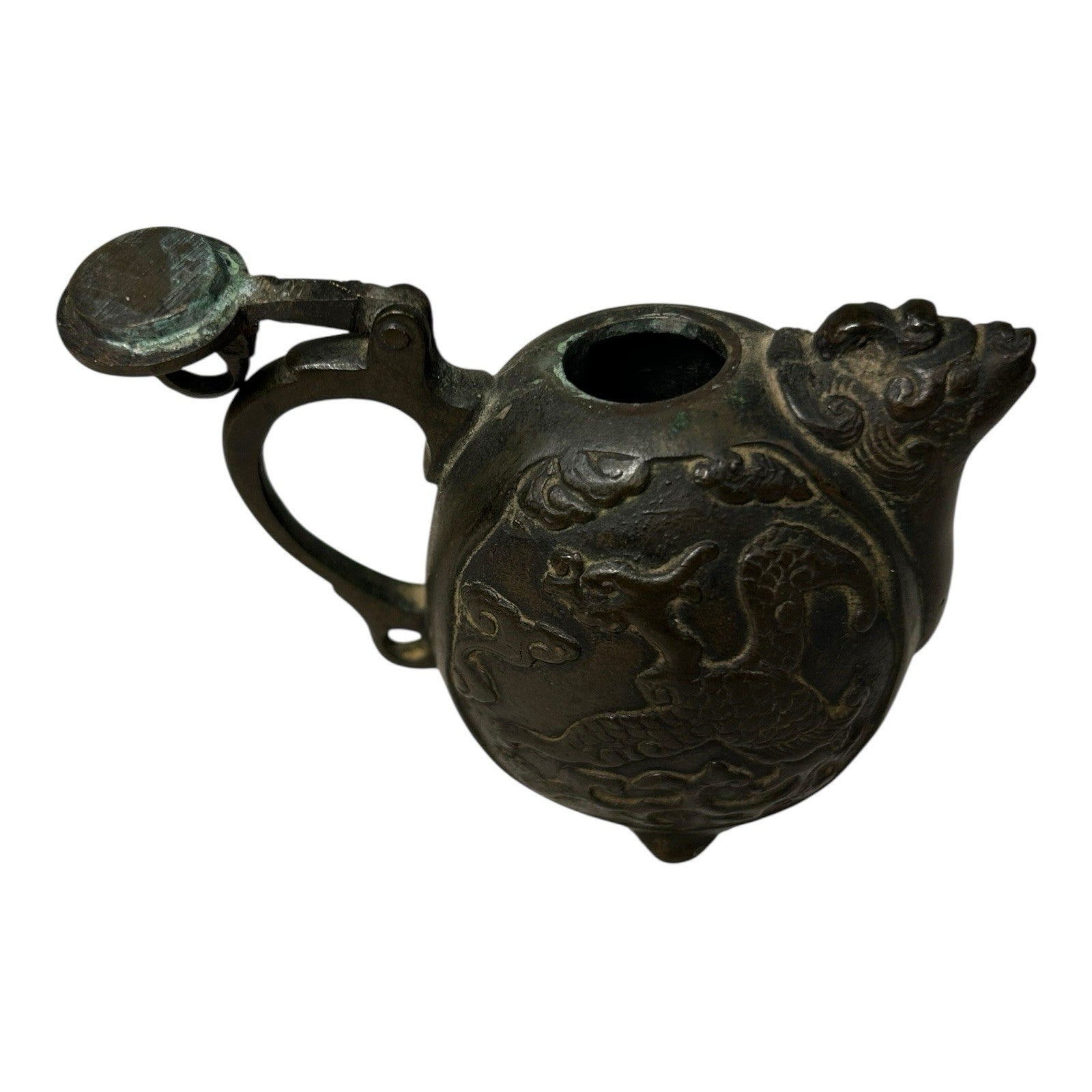 Antique Japanese Bronze Suiteki Caligraphy Water Dropper with Dragon Motif