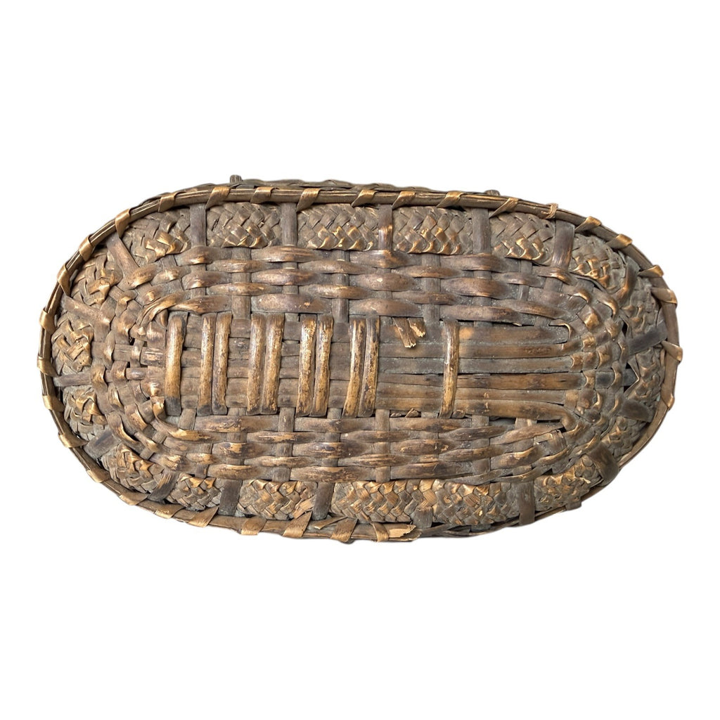 Antique Victorian Primitive Woven Basket Hinged Sewing Box - Lithograph Interior