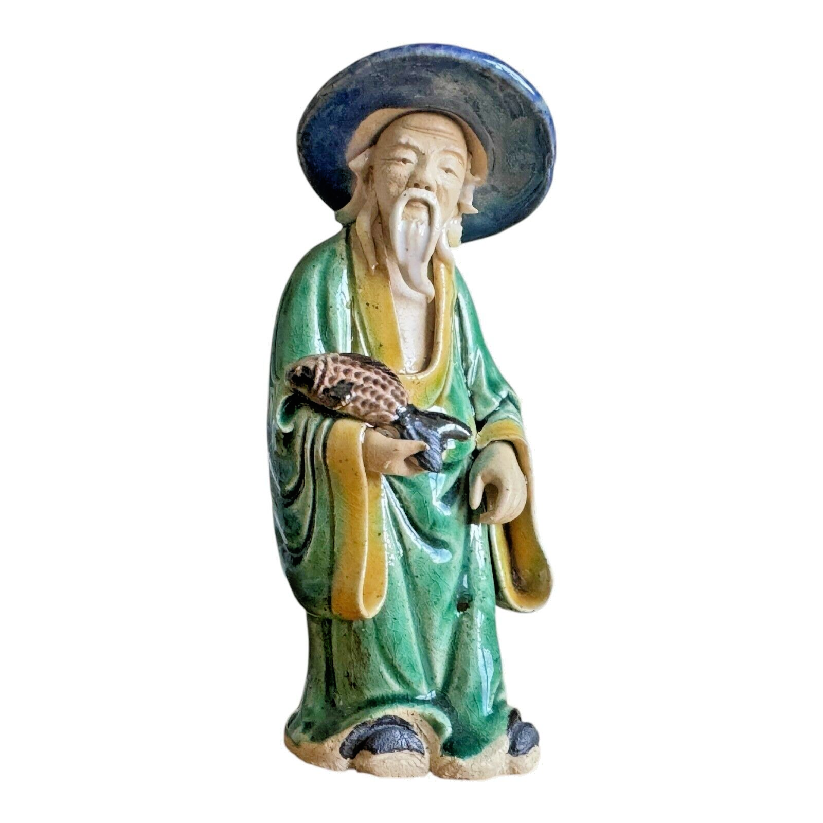 Antique Chinese Export Green Glazed Pottery Fisherman Mudman Figure