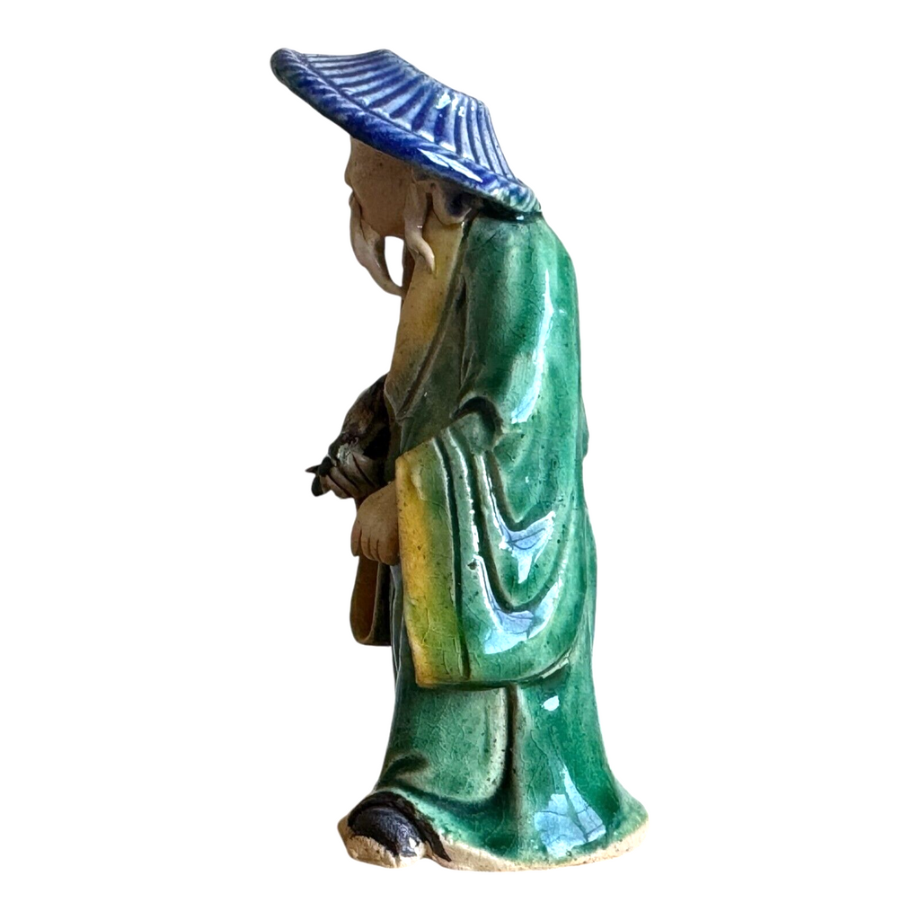 Antique Chinese Export Green Glazed Pottery Fisherman Mudman Figure