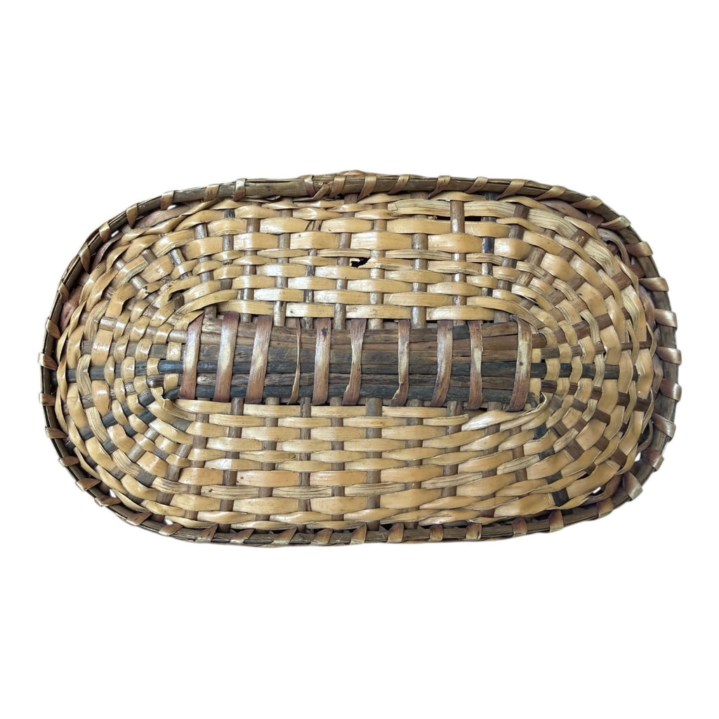 Antique Victorian Primitive Woven Basket Hinged Sewing Box - Lithograph Interior