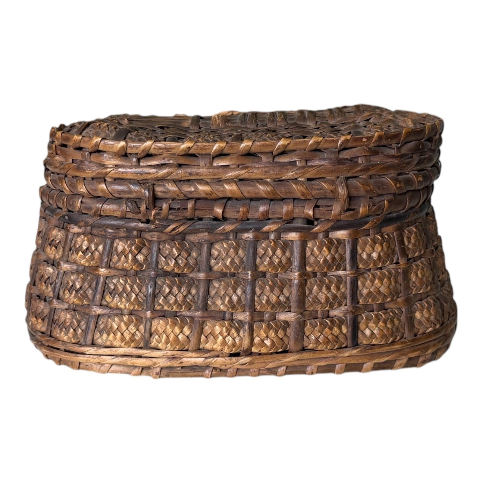 Antique Victorian Primitive Woven Basket Hinged Sewing Box - Lithograph Interior