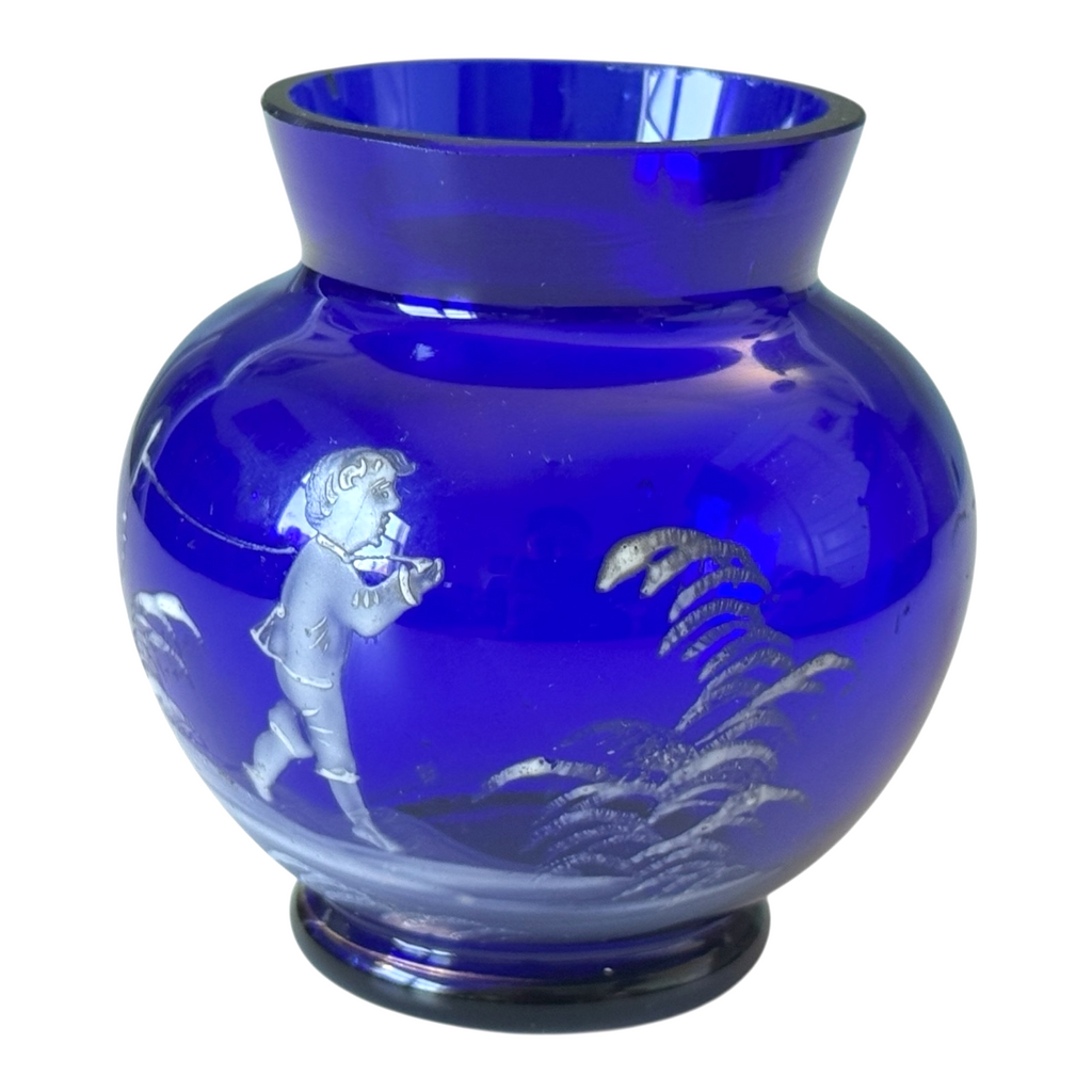 Antique Bohemian Mary Gregory Etched Cobalt Blue Miniature Art Glass Vase
