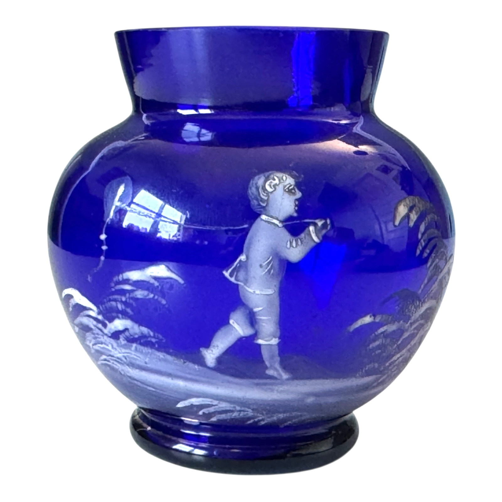 Antique Bohemian Mary Gregory Etched Cobalt Blue Miniature Art Glass Vase