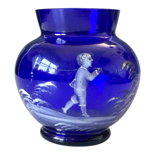 Antique Bohemian Mary Gregory Etched Cobalt Blue Miniature Art Glass Vase