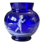 Antique Bohemian Mary Gregory Etched Cobalt Blue Miniature Art Glass Vase