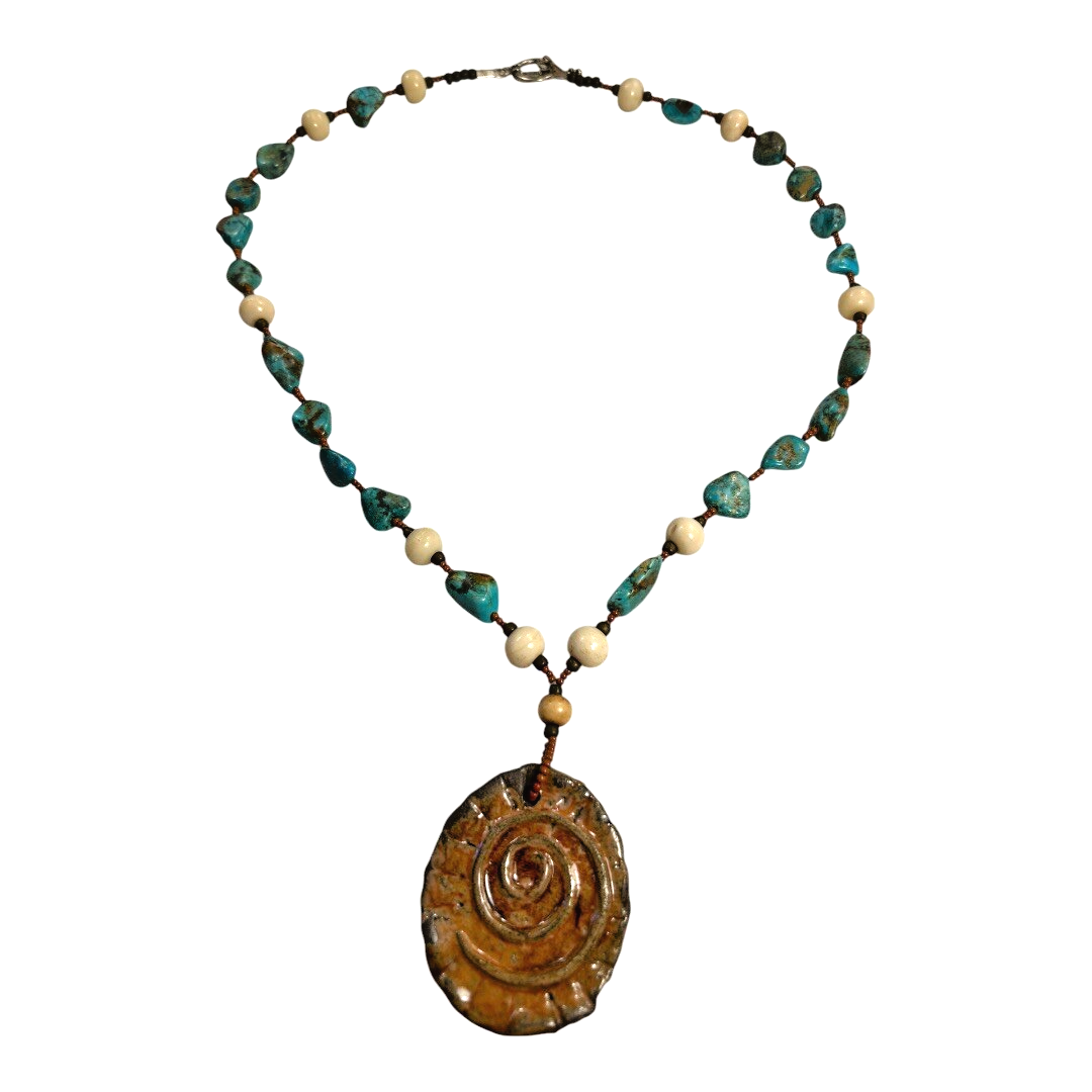 Vintage Native American Southwestern Turquoise Beaded Necklace, Spiral Pendant