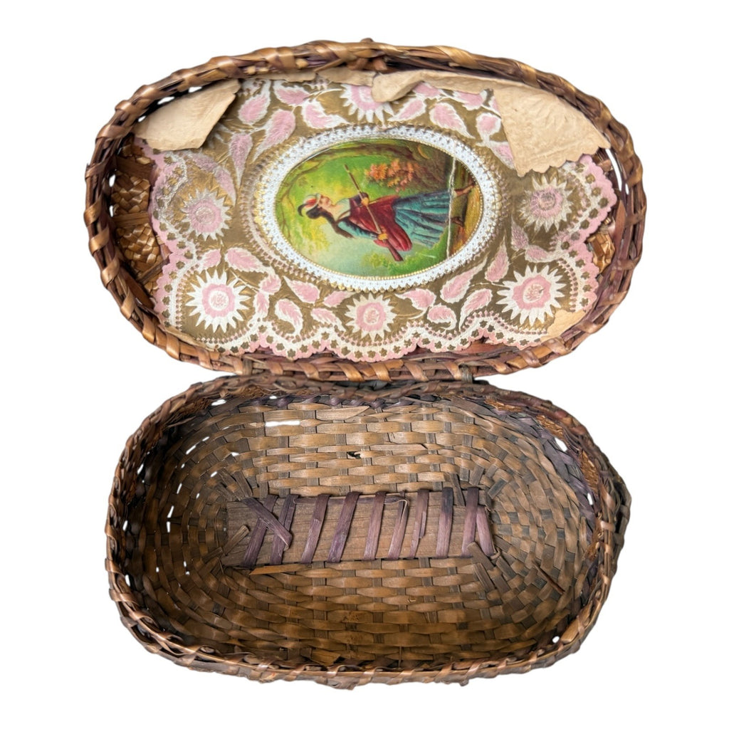 Antique Victorian Primitive Woven Basket Hinged Sewing Box - Lithograph Interior