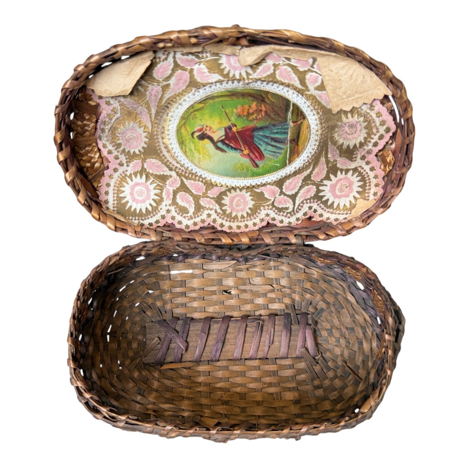 Antique Victorian Primitive Woven Basket Hinged Sewing Box - Lithograph Interior