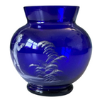 Antique Bohemian Mary Gregory Etched Cobalt Blue Miniature Art Glass Vase