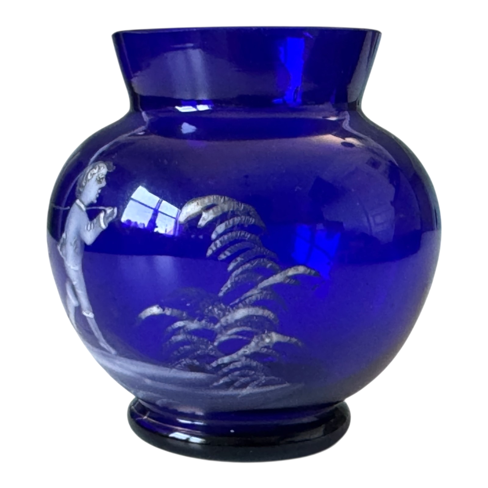Antique Bohemian Mary Gregory Etched Cobalt Blue Miniature Art Glass Vase
