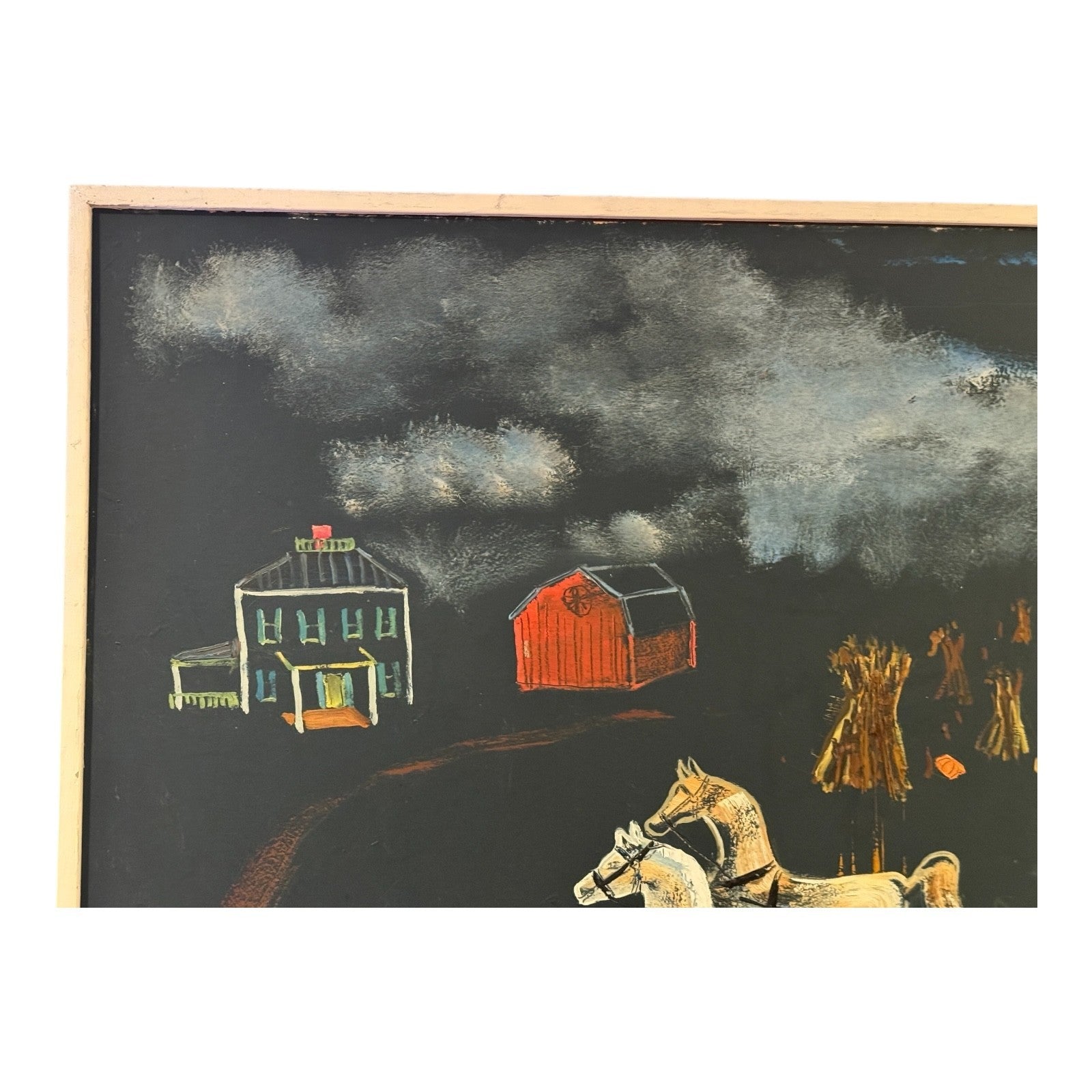 Vintage Large Signed Strauser Folk Art Horse Painting, Rural Farm Scene