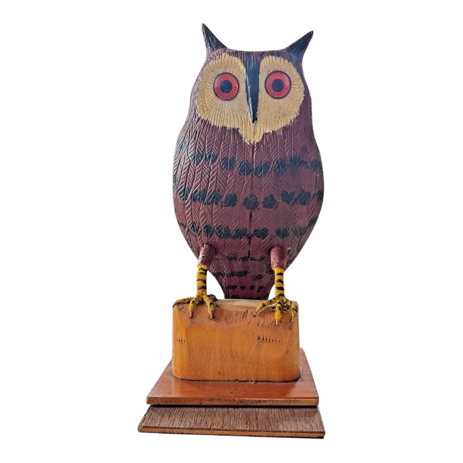 Vintage Carved Folk Art Wood Owl Sculpture Glass Eyes - Signed by Carl Scharver