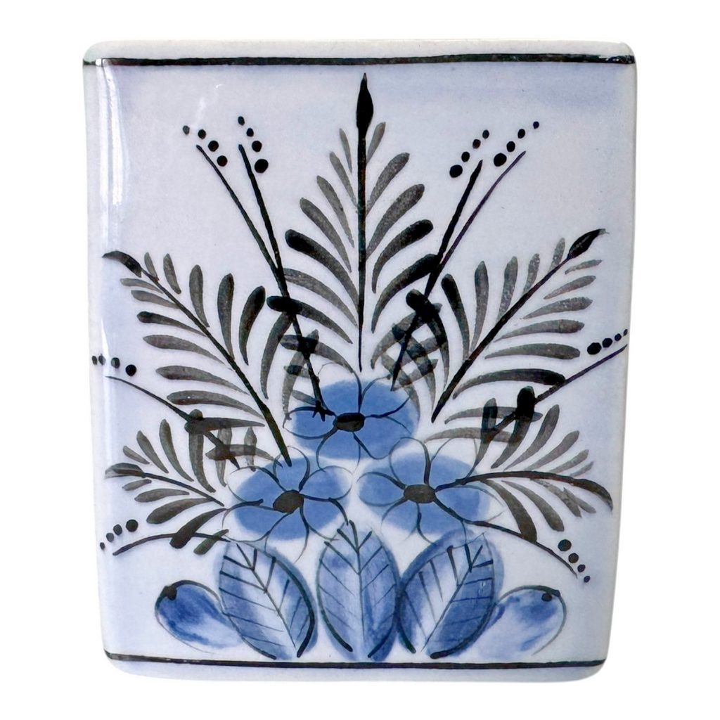 Vintage French Longwy LST Pottery Blue Floral Flower Frog Vase