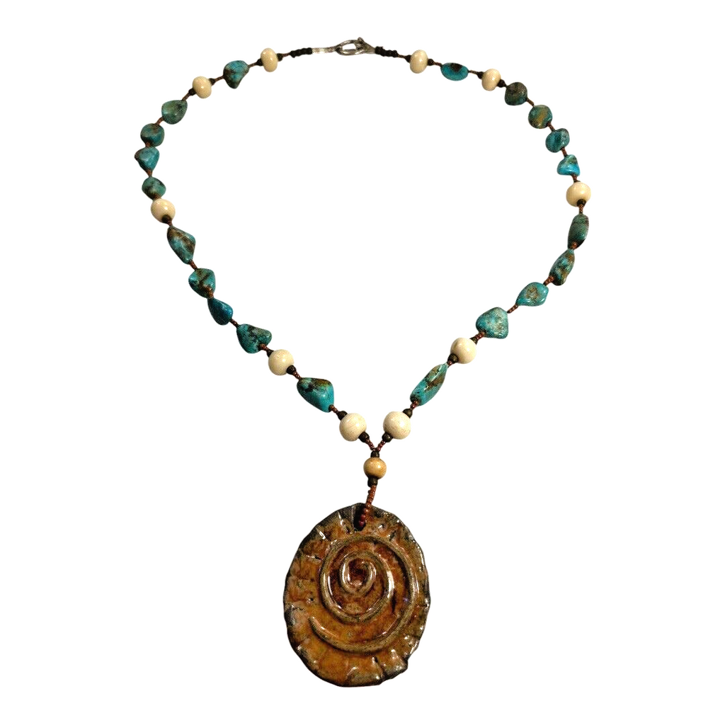 Vintage Native American Southwestern Turquoise Beaded Necklace, Spiral Pendant