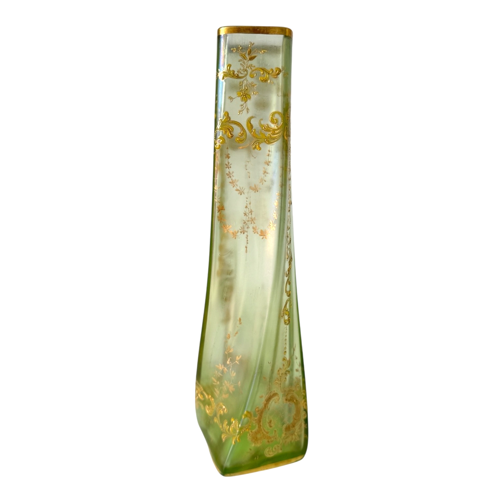 Antique Czech Bohemian Twisted Opalescent Glass Vase - Gold Gilt & Enameled