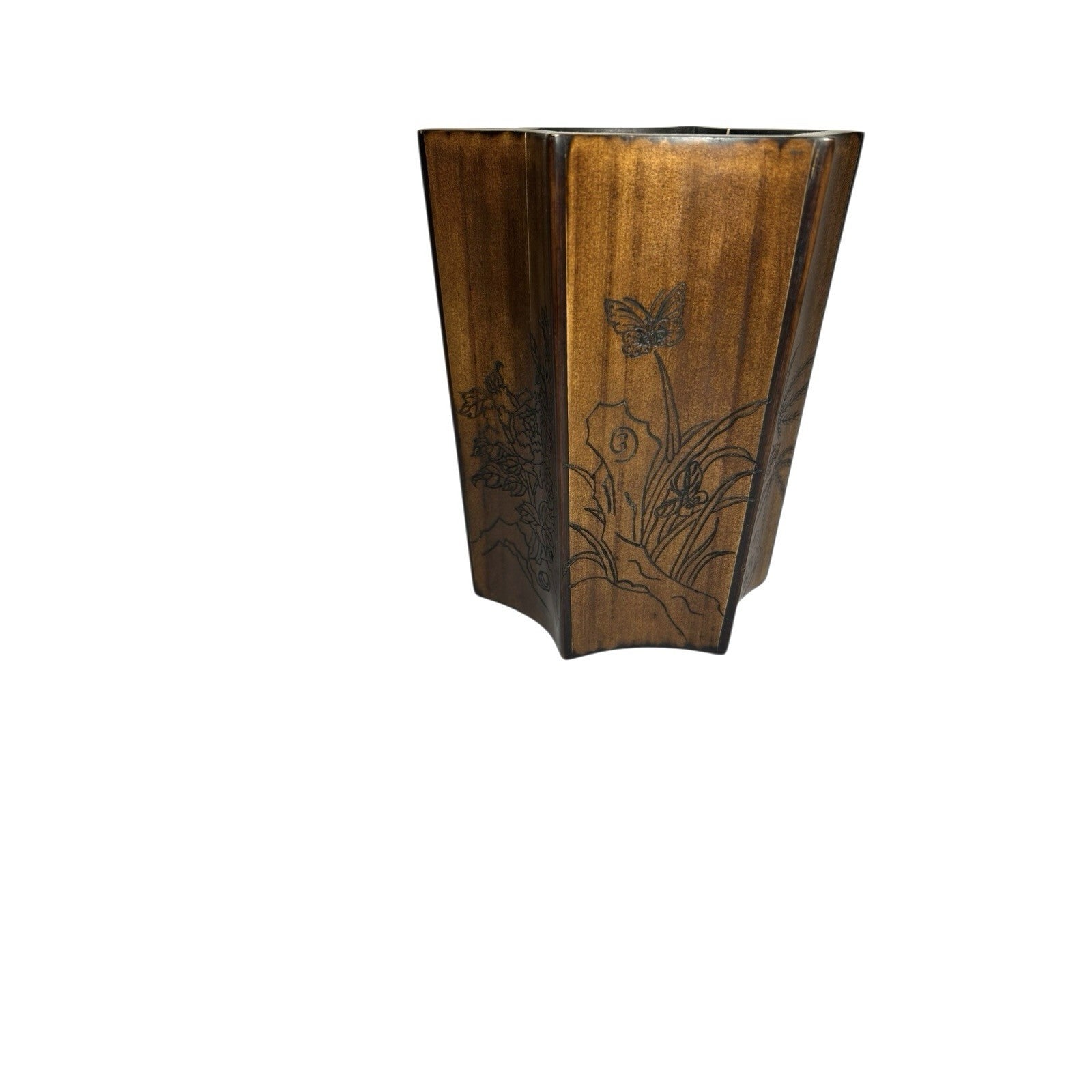 Vintage Chinese  Six Sided Carved Rosewood Brush Pot