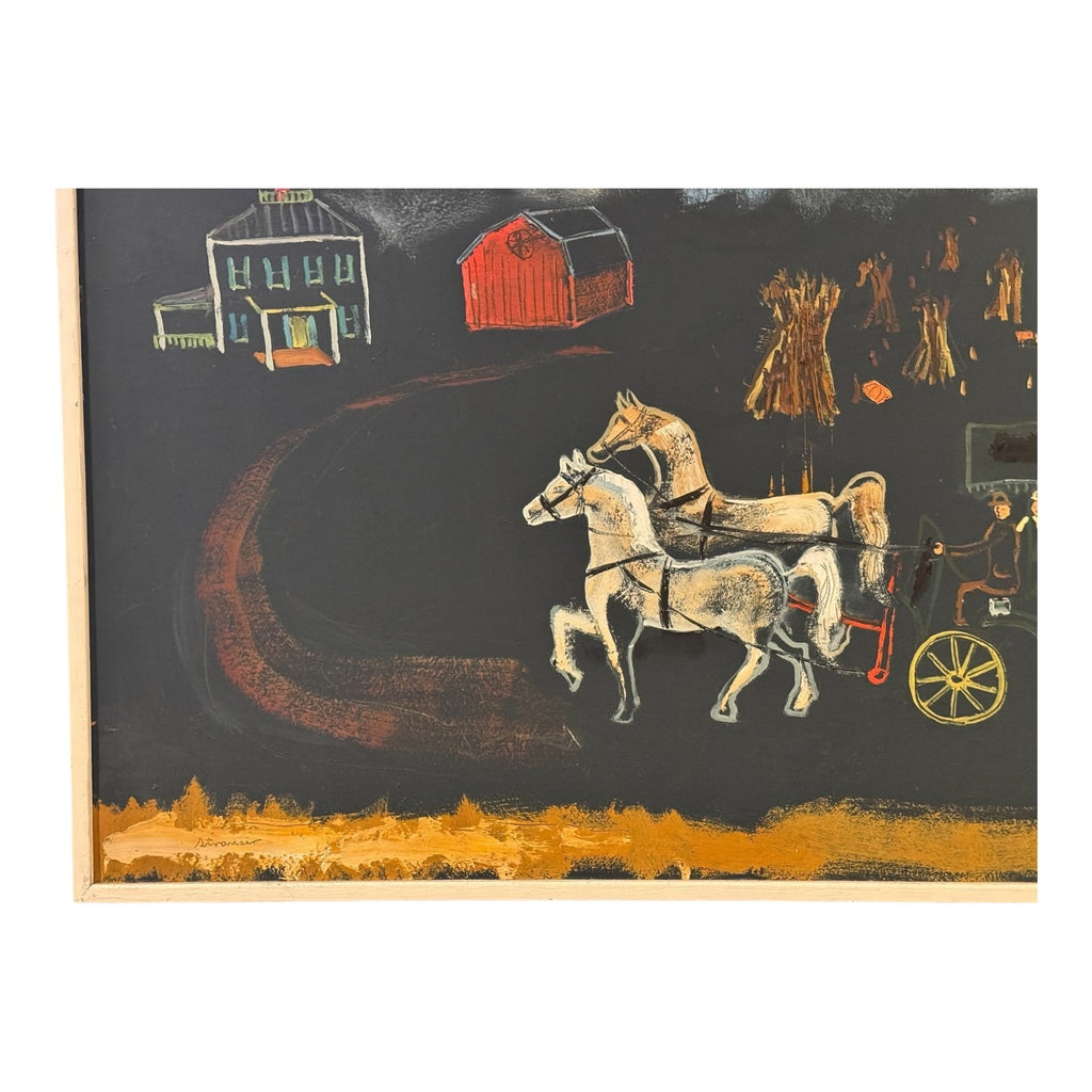 Vintage Large Signed Strauser Folk Art Horse Painting, Rural Farm Scene