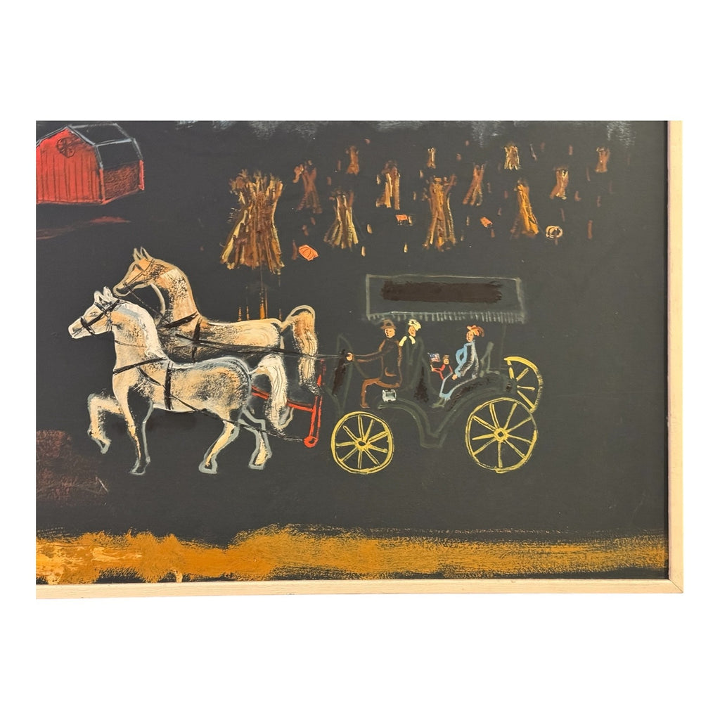 Vintage Large Signed Strauser Folk Art Horse Painting, Rural Farm Scene