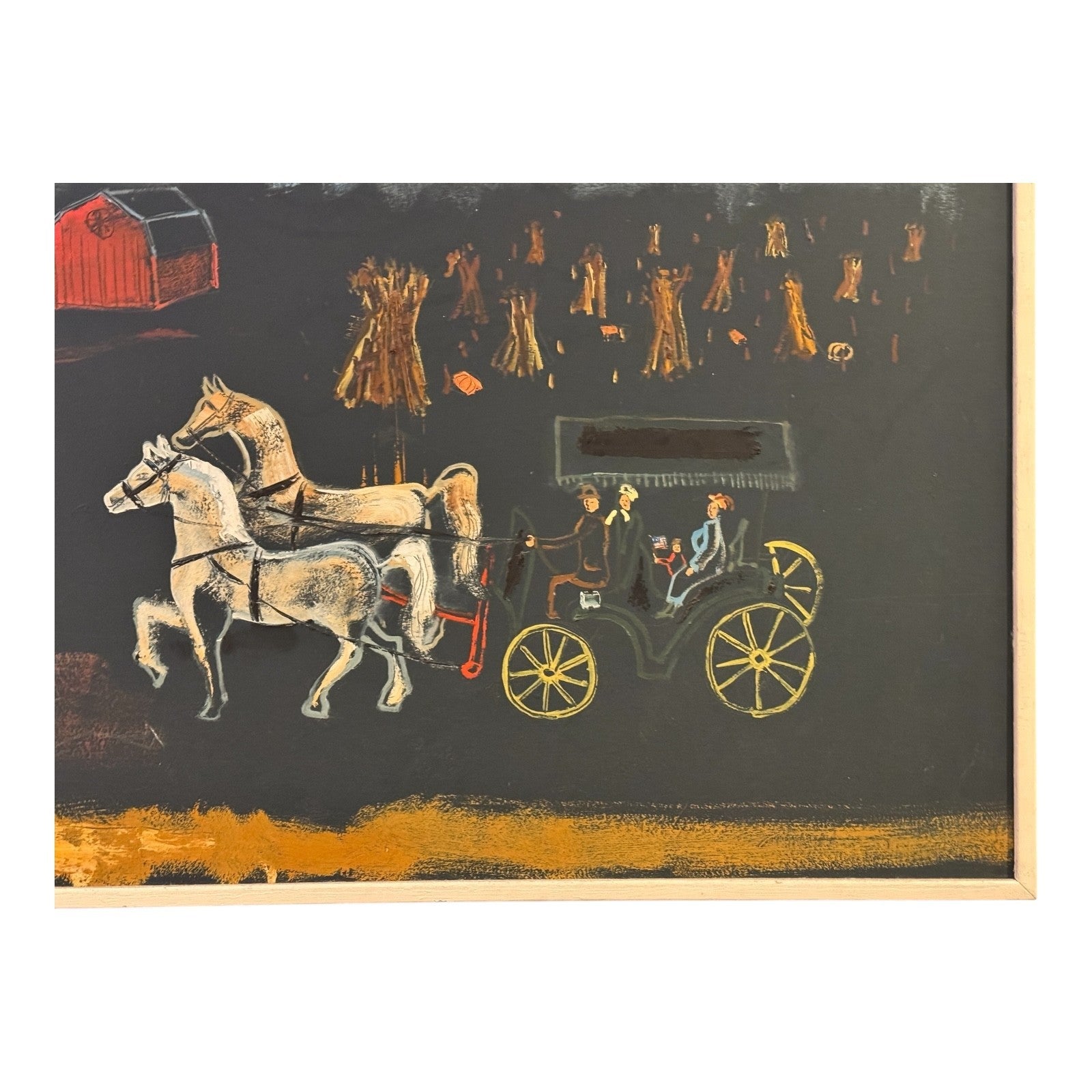Vintage Large Signed Strauser Folk Art Horse Painting, Rural Farm Scene