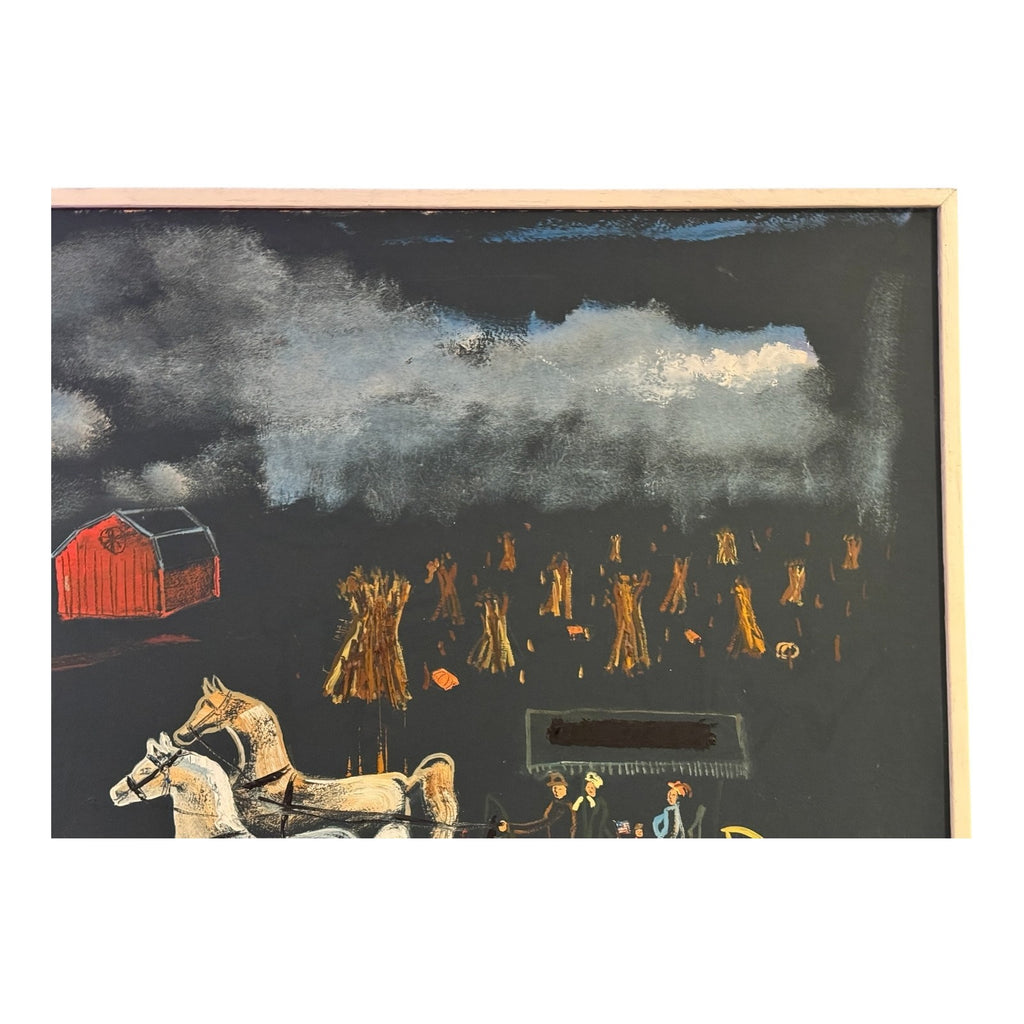 Vintage Large Signed Strauser Folk Art Horse Painting, Rural Farm Scene