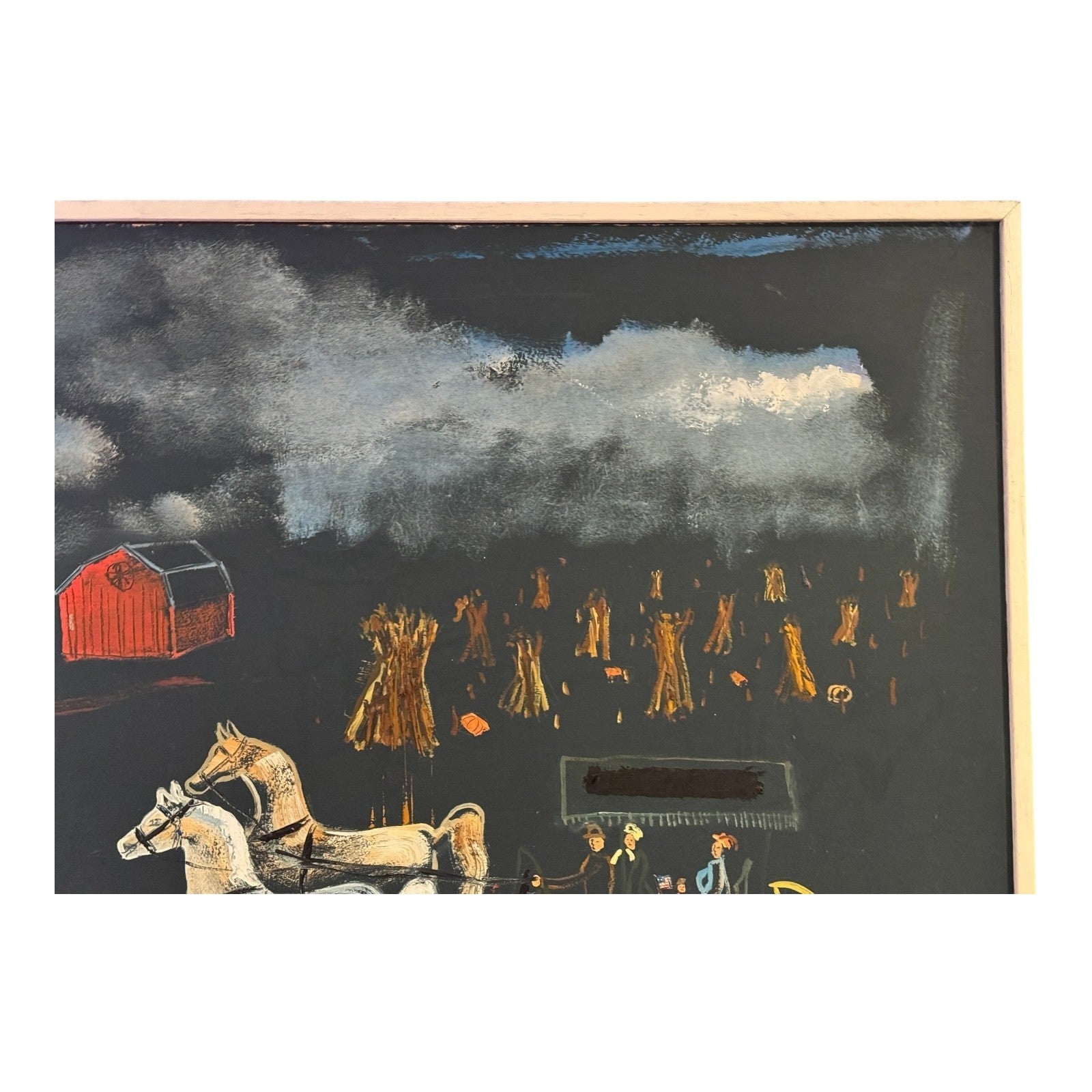 Vintage Large Signed Strauser Folk Art Horse Painting, Rural Farm Scene