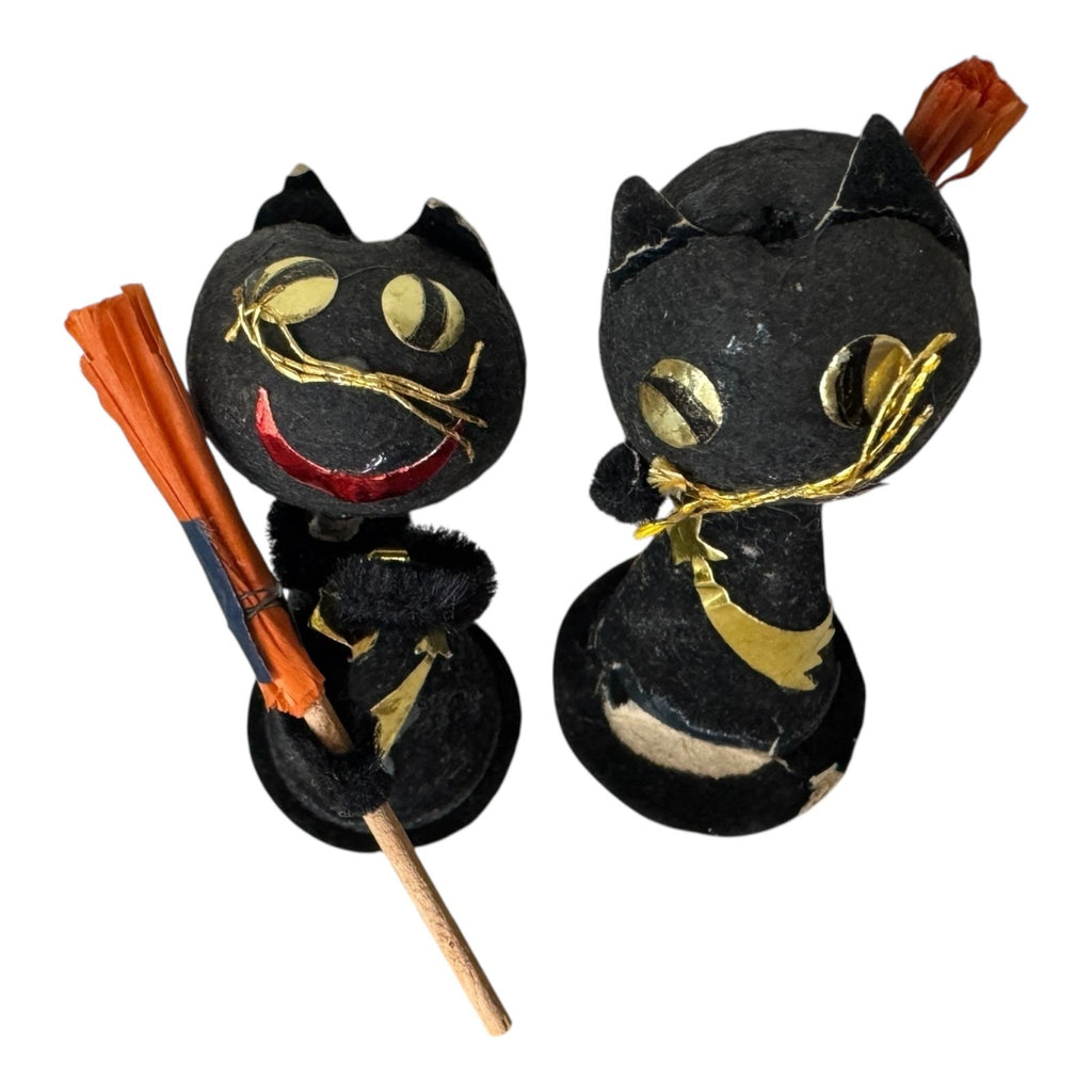 Vintage Japan Halloween Black Cat Figurines with Brooms (Set of 2)