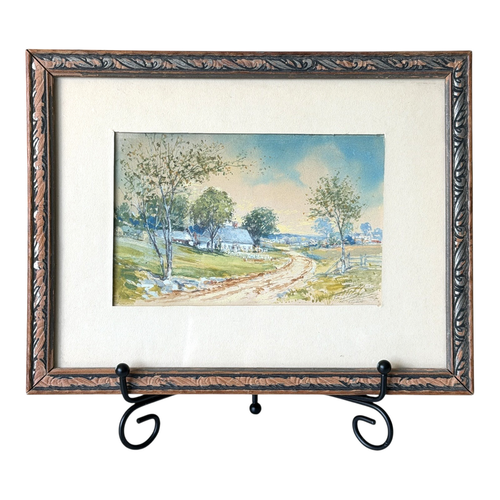 Antique 1926 Gouache Farmhouse Landscape Painting on Paper - Signed & Framed
