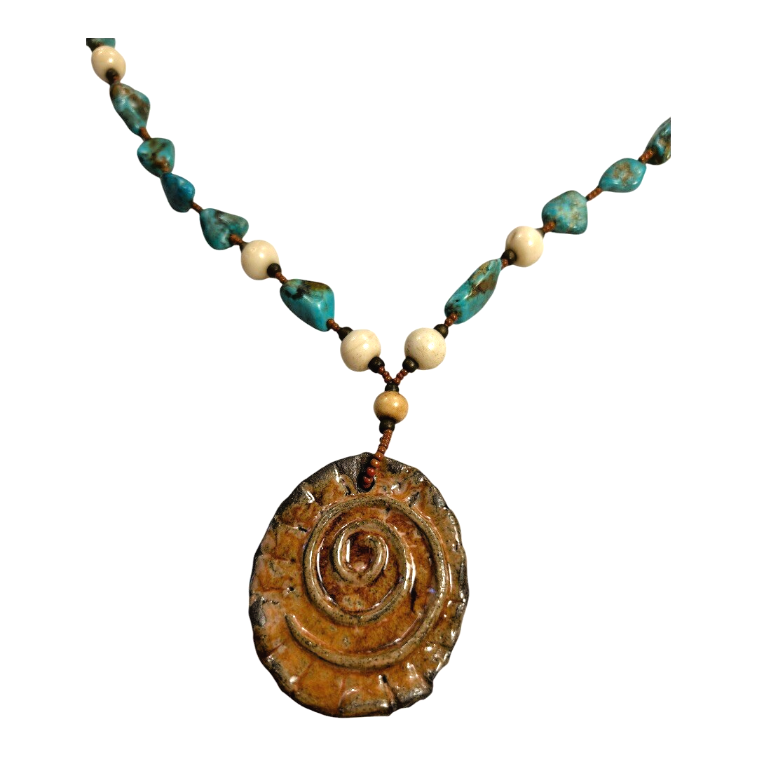 Vintage Native American Southwestern Turquoise Beaded Necklace, Spiral Pendant