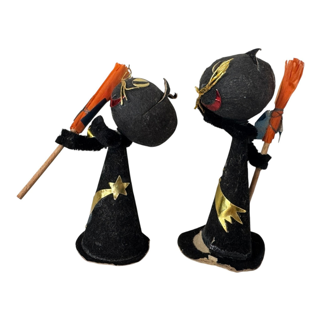Vintage Japan Halloween Black Cat Figurines with Brooms (Set of 2)