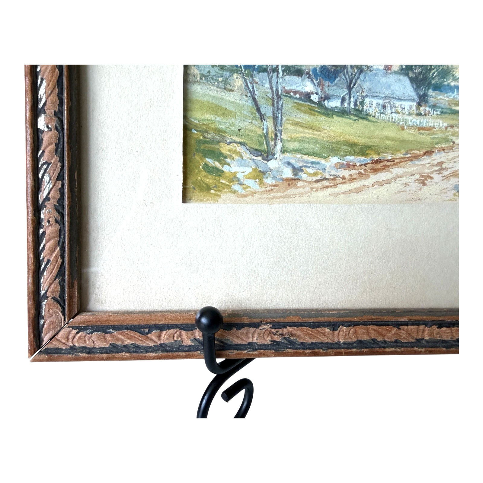 Antique 1926 Gouache Farmhouse Landscape Painting on Paper - Signed & Framed