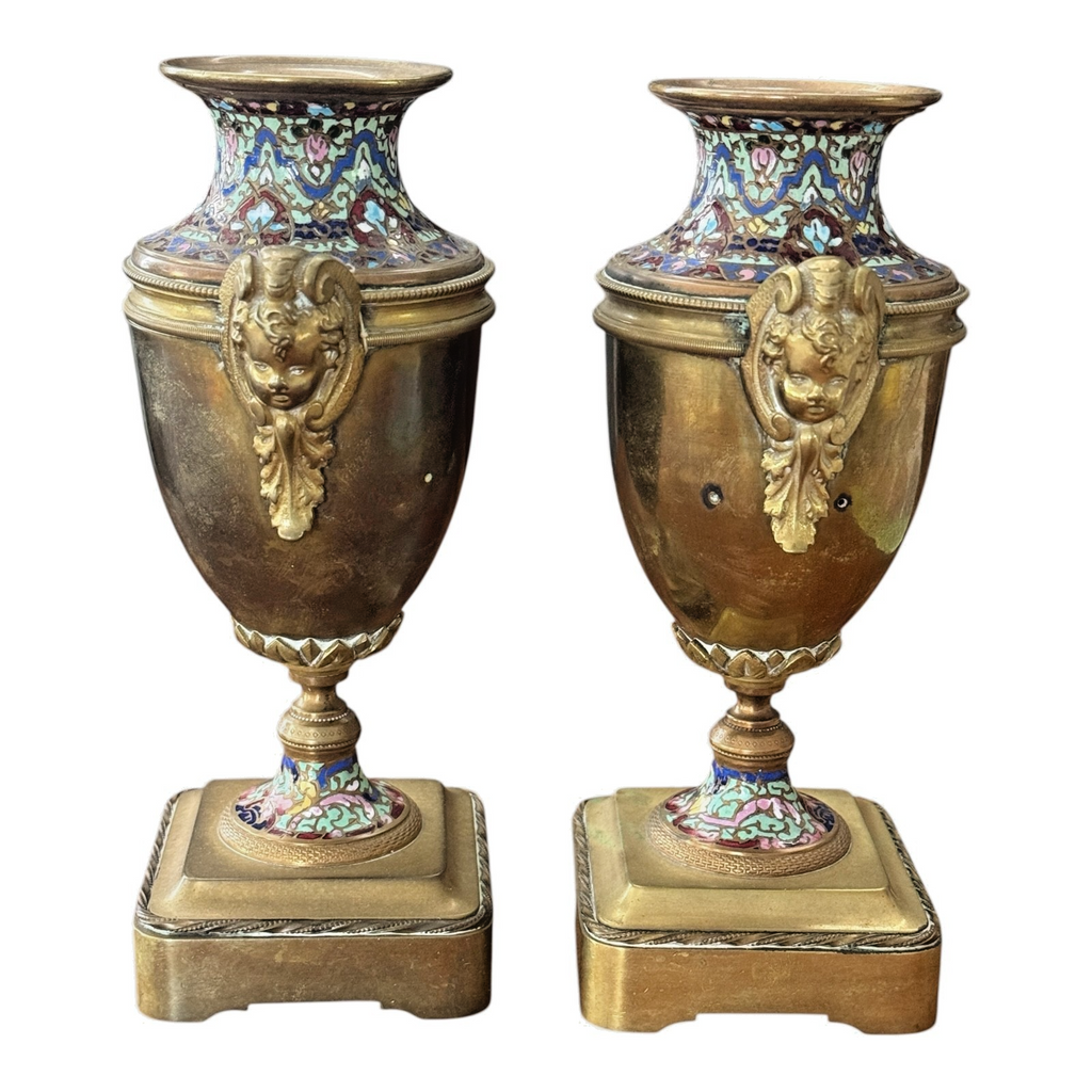 Antique Pair of Neoclassical Bronze & Cloisonné Mantel Urns or Vases