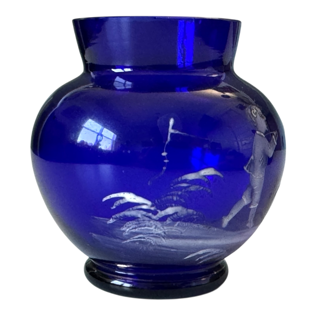 Antique Bohemian Mary Gregory Etched Cobalt Blue Miniature Art Glass Vase