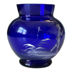 Antique Bohemian Mary Gregory Etched Cobalt Blue Miniature Art Glass Vase