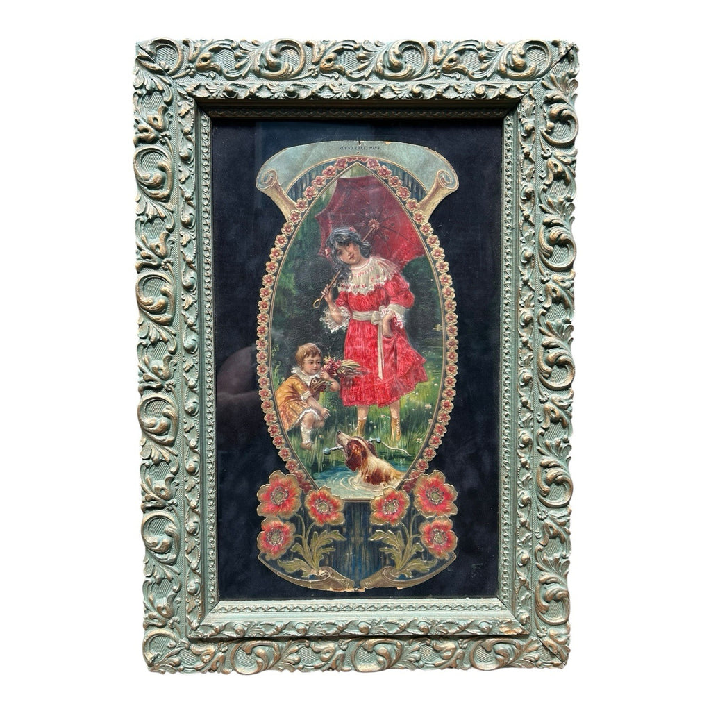Antique Framed German Made 3D Advertising for Round Lake MN Minnesota
