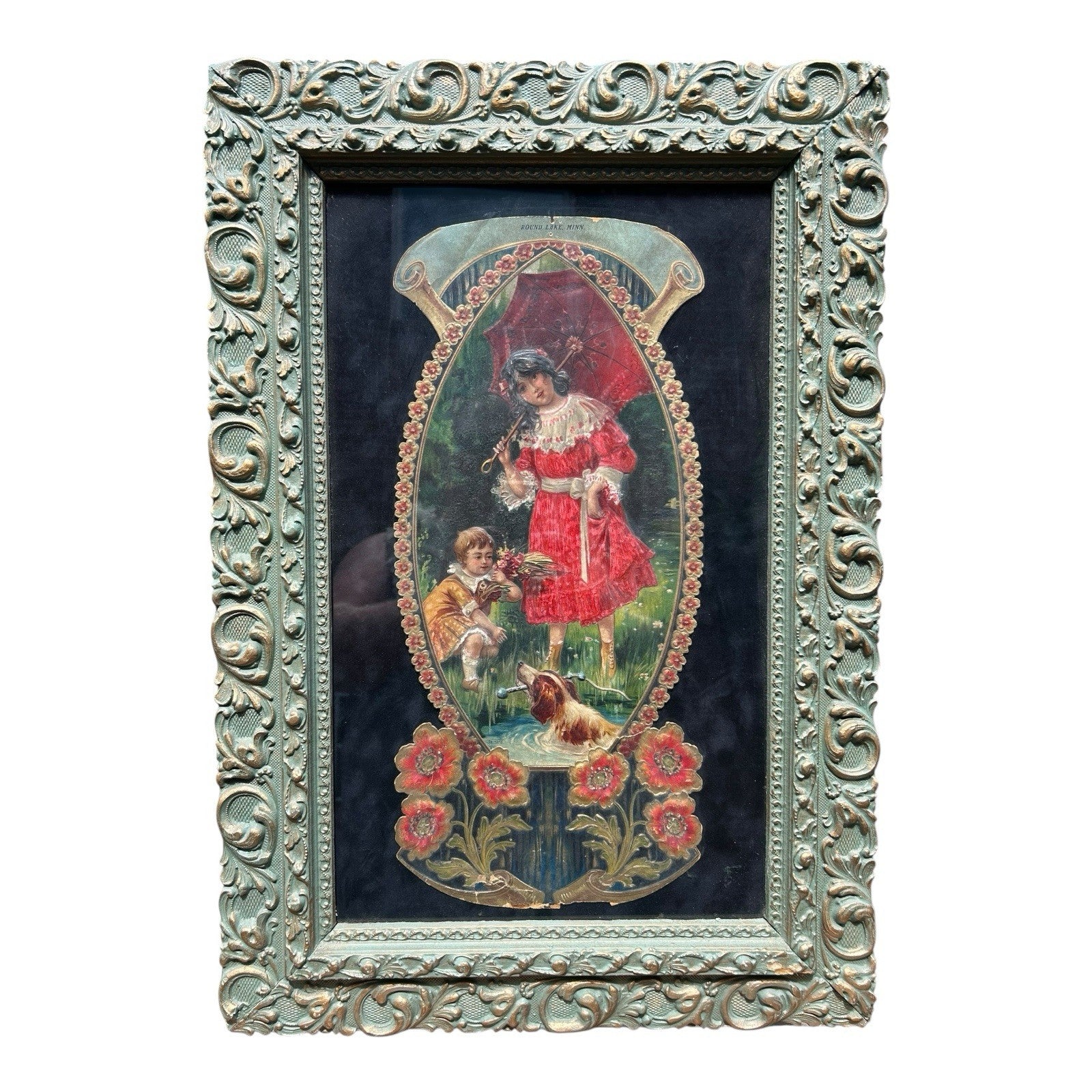 Antique Framed German Made 3D Advertising for Round Lake MN Minnesota